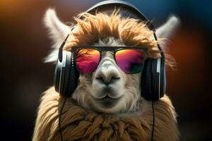 elegant lama in bril geniet muziek, een fusie van koelte ai gegenereerd foto