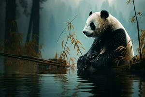 oever van de rivier kalmte, panda's geïllustreerd naast een nevelig Woud vijver ai gegenereerd foto