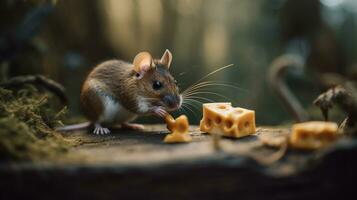 een muis is aan het eten een stuk van kaas, generatief ai foto