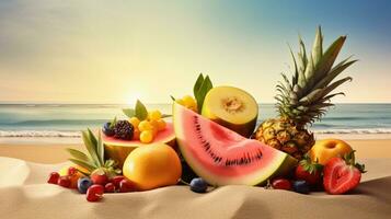 een stapel van fruit zittend Aan top van een zanderig strand , generatief ai foto