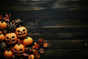 chique halloween decoraties Aan een rustiek houten achtergrond vlak leggen visie ai gegenereerd foto