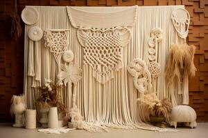 handgemaakt macrame en haken ontwerpen tentoongesteld tegen zacht textiel achtergronden foto