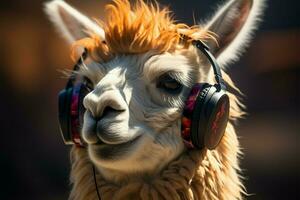 intellectueel lama met elegant bril geniet muziek- met een chique flair ai gegenereerd foto