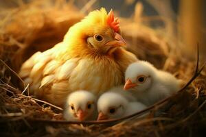 een licht rood haren moeder kip teder geeft voor haar pluizig kuikens in een hooi nest ai gegenereerd foto