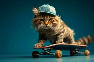 koel kat Aan een skateboard tegen een blauw achtergrond, uitstralend funkiteit ai gegenereerd foto