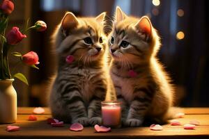 romantisch uitbeelding van twee katjes, vieren liefde Aan valentijnsdag dag ai gegenereerd foto