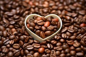 wit koffie kop hart vormig met cappucino latte Aan geroosterd bonen. generatief ai foto