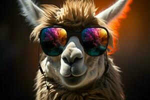 groovy lama dons bril, uitstralend stijl en slimmeriken terwijl storing ai gegenereerd foto