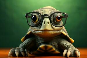 intelligentie- voldoet aan schattigheid, schildpad met bril Aan rood achtergrond, wazig groen ai gegenereerd foto