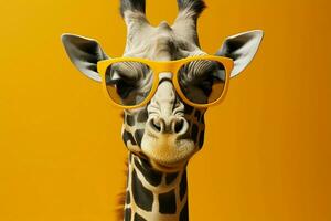 monochroom portret, chique giraffe dons geel zonnebril, uitstralend modieus flair ai gegenereerd foto