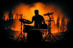 drummers energie schijnt in silhouet tegen stoutmoedig zwart backdrop ai gegenereerd foto