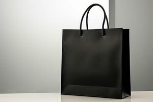 tafel versierd door een elegant zwart boodschappen doen tas, kleinhandel genot ai gegenereerd foto