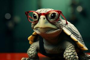 weinig groen schildpad draagt bril, frontman rood behang schattig, verstandig, humoristisch ai gegenereerd foto