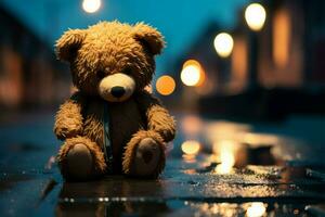 temidden van regenen, een verdrietig teddy beer rust Aan troosteloos nacht straat ai gegenereerd foto