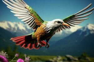 bevallig adelaar stijgt hoog in de uitgestrektheid van een stralend blauw lucht ai gegenereerd foto