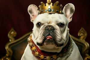 vorstelijk tintje Aan schattig wit bulldog met goud kroon, rood fluweel ai gegenereerd foto