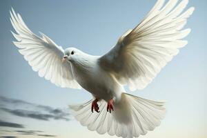 homing duif in vlucht, haar wit veren stijgend door lucht ai gegenereerd foto