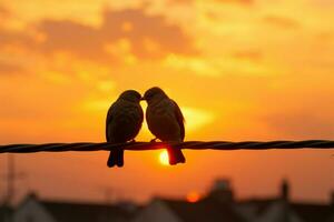 een romantisch silhouet, twee vogelstand Aan draden, ingelijst door een zonsondergang ai gegenereerd foto