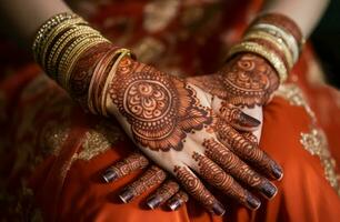 Indisch vrouw henna- bruids handen. genereren ai foto