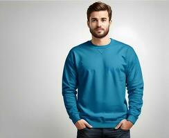 jong Mens vervelend blanco flo blauw trui mockup afdrukken presentatie mockup ai genereren foto