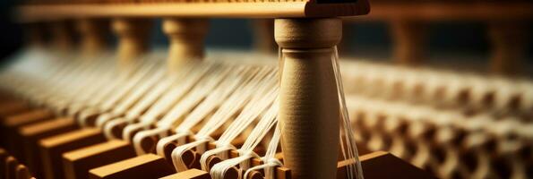 macro afbeelding van katoen draden fijntjes met elkaar verweven in traditioneel het weven weefgetouw foto