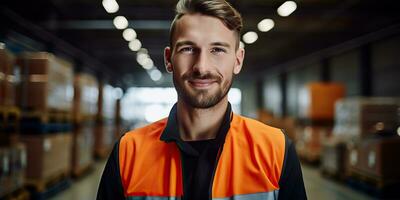 ai gegenereerd. ai generatief. magazijn voorraad huis Verzending levering lading logistiek arbeider manager portret achtergrond. grafisch kunst foto