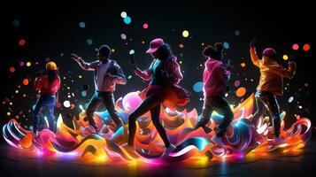 mensen dansen met gloeiend neon accessoires foto