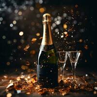 Champagne fles en confetti poppers foto