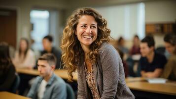 leraar leidend een discussie met verloofd studenten foto