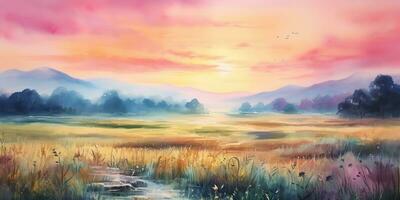 ai gegenereerd. ai generatief. waterverf inkt tekening schilderij veld- weide zon natuur buitenshuis landschap achtergrond. grafisch kunst foto
