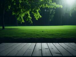 houten tafel en vervagen tropisch groen gras achtergrond, Product Scherm montage. hoog kwaliteit foto 8k fhd ai gegenereerd