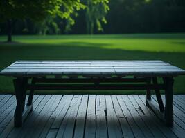 houten tafel en vervagen tropisch groen gras achtergrond, Product Scherm montage. hoog kwaliteit foto 8k fhd ai gegenereerd