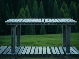 houten tafel en vervagen tropisch groen gras achtergrond, Product Scherm montage. hoog kwaliteit foto 8k fhd ai gegenereerd