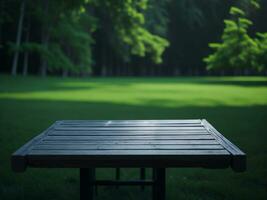 houten tafel en vervagen tropisch groen gras achtergrond, Product Scherm montage. hoog kwaliteit foto 8k fhd ai gegenereerd