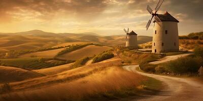 ai gegenereerd. ai generatief. wijnoogst terug oud windmolen gebouw natuur buitenshuis platteland landschap achtergrond. grafisch kunst foto