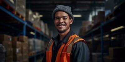 ai gegenereerd. ai generatief. magazijn voorraad huis Verzending levering lading logistiek arbeider manager portret achtergrond. grafisch kunst foto