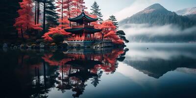 ai gegenereerd. ai generatief. traditioneel geschiedenis Aziatisch Japans Chinese tempel gebouw toren tuin natuur buitenshuis achtergrond. grafisch kunst foto