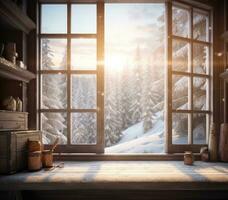 visie door de venster van een huisje in een met sneeuw bedekt winter Woud. gemaakt met generatief ai technologie. foto