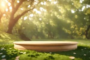 een rustiek hout podium in de midden- van een natuur premade foto mockup achtergrond