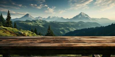 ai gegenereerd. ai generatief. houten tafel natuur buitenshuis Woud berg natuur landschap achtergrond. grafisch kunst foto