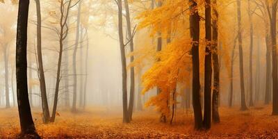 ai gegenereerd. ai generatief. herfst Woud buitenshuis natuur oranje geel park vallen landschap achtergrond. grafisch kunst foto