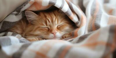 ai gegenereerd. ai generatief. knus grappig kat slapen onder warm deken. huis kilte achtergrond. grafisch kunst foto