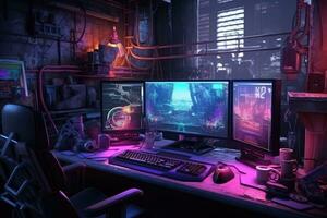 computer kamer met een veel van uitrusting en lichten. 3d weergave, cyberpunk gamer werkruimte met computer en muis. 3d weergave, ai gegenereerd foto