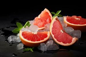 grapefruit met ijs kubussen en munt Aan een zwart achtergrond, heerlijk fruit ijs grapefruit en ijs Aan een steen achtergrond, ai gegenereerd foto