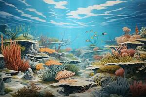 onderwater- tafereel met koraal rif en vis. 3d illustratie, Ontdek een informatie hub met een bruisend merk op bord, uitwisselen en weergeven belangrijk aantekeningen en aankondigingen, ai gegenereerd foto