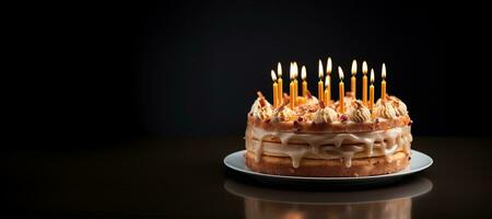 generatief ai, verjaardag mooi taart met fruit en kaarsen, banier voor Gefeliciteerd foto