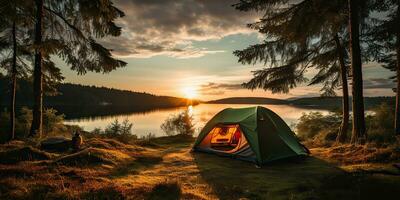 ai gegenereerd. ai generatief. camping ontspanning tijd tent Bij meer mooi landschap achtergrond. avontuur vakantie raften tijd. grafisch kunst foto