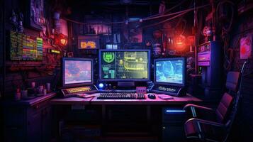 generatief ai, computer Aan de tafel in cyberpunk stijl, nostalgisch jaren 80, jaren 90. neon nacht lichten levendig kleuren, fotorealistisch horizontaal illustratie van de futuristische interieur. technologie concept. foto