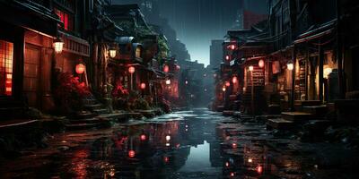 ai gegenereerd. ai generatief. traditioneel Japans stad stad- wandelen straat nacht leven in regen tijd. stadsgezicht avontuur reizen ontdekken. grafisch kunst foto