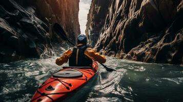 generatief ai, kajak vlot rivier- waterval, extreem sport concept, wildwater kajakken foto